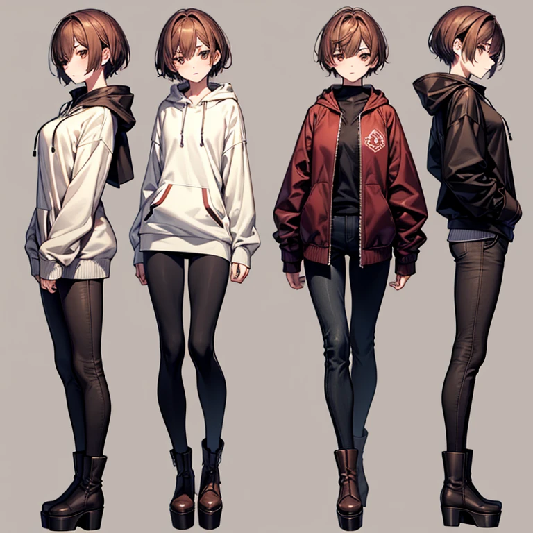 masterpiece、Subtle details、Slender beauty、Wearing a hood、slim、Small breasts、Sharp eyes、younger sister、Pixie Cut、Short nape、Oversized zip-up jacket(hoodie)、Tight skinny pants、Platform boots、Reddish brown hair、