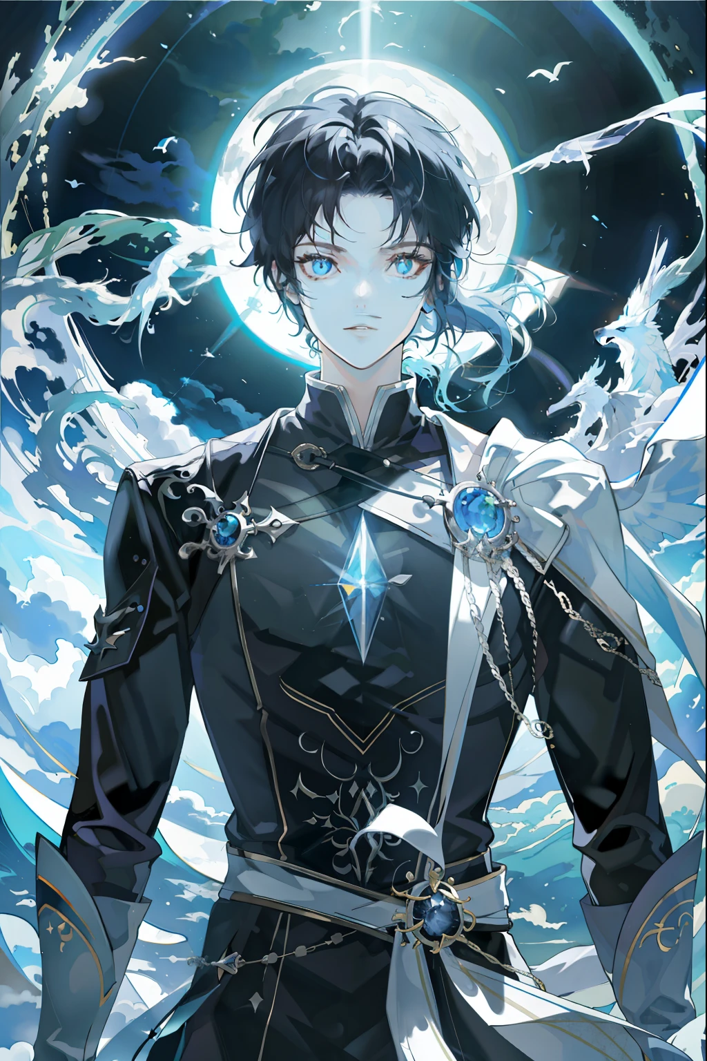 ((Masterpiece, Top quality, super definition, High definition)), Pet wolf head only at the back of character, moon at the top, black clothing 