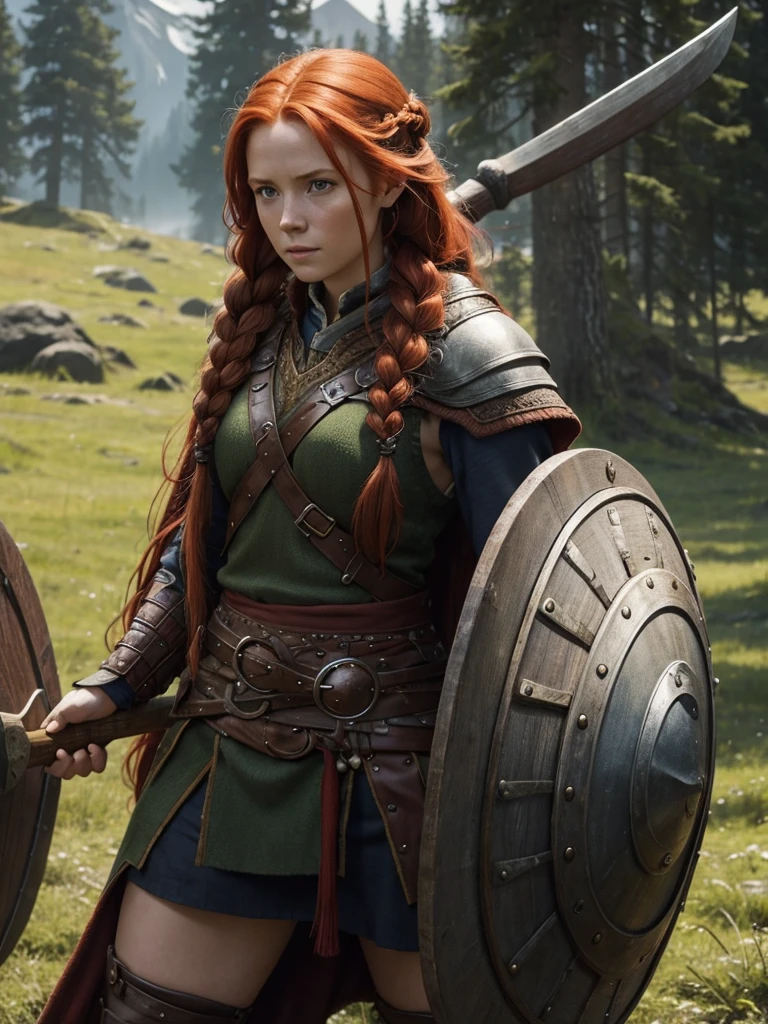 1girl, long redhead, with braids, viking Style, with shield, with axe