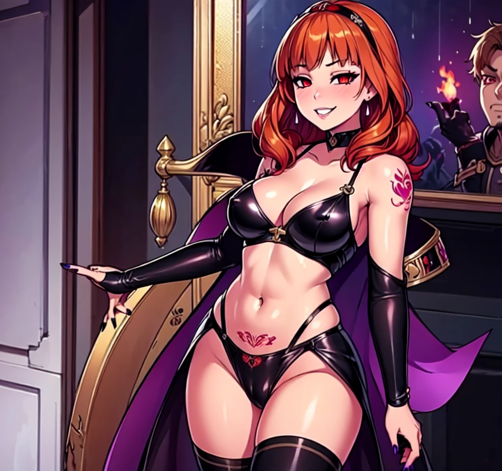 masterpiece, ultra-detailed, extra colors, 2D, megapixel, perfectionism, accent lighting, full HD , 4K, fire_emblem (style),witch (fire emblem), hentai(style), (celica frome fire emblem reimagined as a slutty horny corrupted evil witch ),1girl, standing, looking at viewer, can't be this cute, corruption, dark persona,(purple skin:1,5), colored skin, evil_queen, possession, bad end, smile, lips, eyelashes, pubic hair, innie , black lipstick, evil grin, big breasts, covered nipples visible through clothing, areolae, licking, piercing, voluptuous, pubic tattoo, dark aura, crotch_tattoo, collarbone, veins on body, orange hair, ((red demon eyes and black sclera)), weird hair, purple skin, purple nails, short hair, revealing clothes, cleavage, open toe shoes, thighhighs, panties, between , skin tight, black clothing, gradient background, alternate costume, curvy,Satou Kuuki art, Satou Kuuki style, Satou Kuuki illustration,