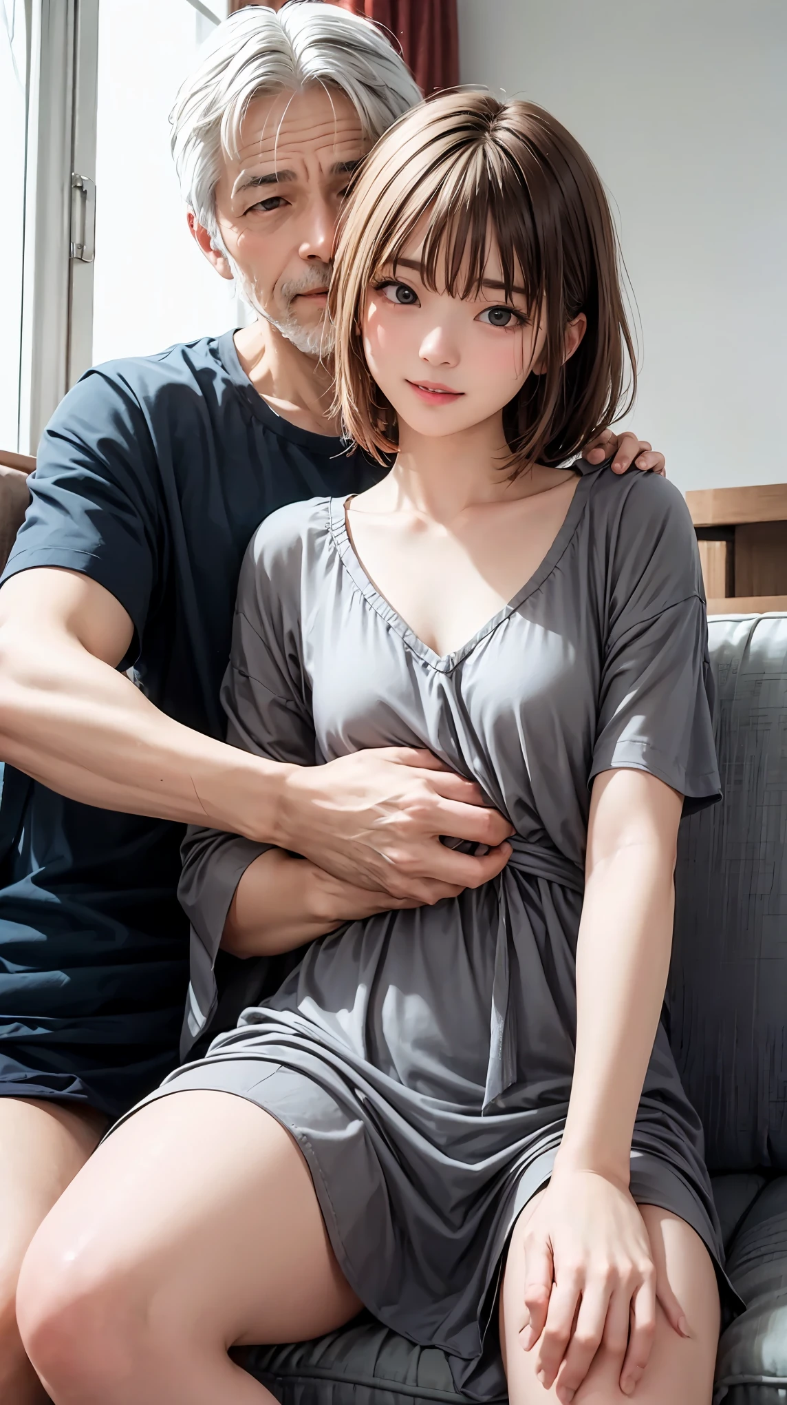 highest quality、4K quality、Man lying on sofa、Grey-haired woman in negligee standing on man、A man holds a woman、A man puts his hand on a woman's crotch、slender、Small face、16 years old、
