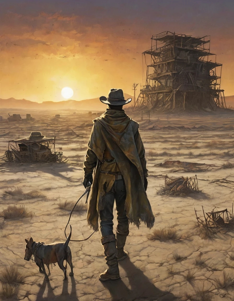 Thin man in a ragged poncho and cowboy hat, walking away across a deserted wasteland, perspective from afar, sunset casting dramatic elongated shadows, post-apocalyptic landscape akin to "Fallout" color palette, ruins dotting the horizon, digital art echoing Greg Rutkowski, hyper-detailed, isometric view, smog and pollution polluting the atmosphere, toxic waste scattered, remnants of post-apocalyptic landscape.,  Cinematography. text "game over" floating above, hyper-detailed, 32k resolution, digital painting, ultra-fine details.