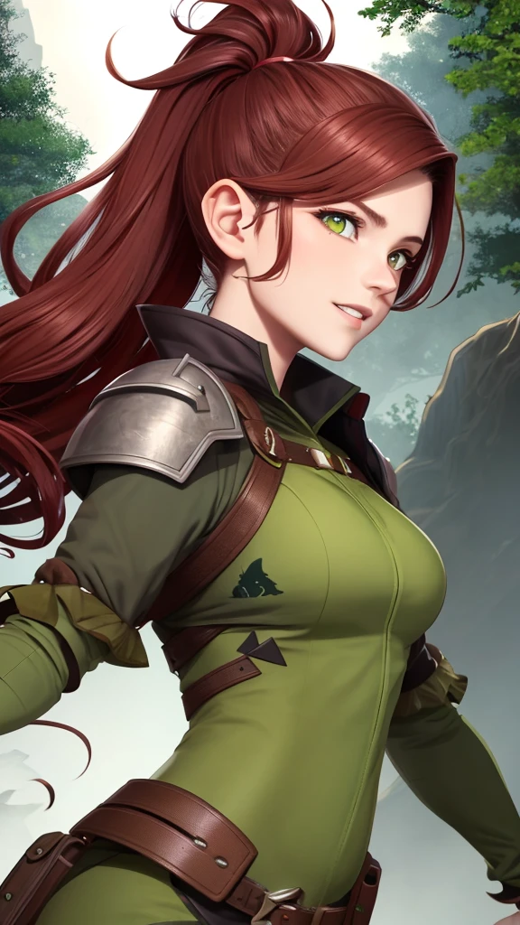 perfect face, ponytail wavy dark red hair color, sharp eyes, brown eyeballs, 1 person, goblin, green skin, claws, happy clothing with broken armor, profile picture, cave and forest background. 