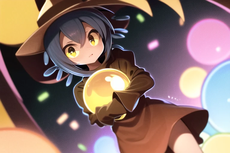 sfw, bekleidet, (best quality, Meisterwerk), (absurdesten:), 4K, detailed, Ultra-detailed, Digital Art, Hintergrund, Nacht, Blendung, 1 girl, niko, running, holds a bright yellow ball with both hands, leuchtend gelbe Magie, Betrachter betrachten, gelbe Augen, rotes Kleid, roter Hut, Katzenohren, lila Ruinen Hintergrund,  