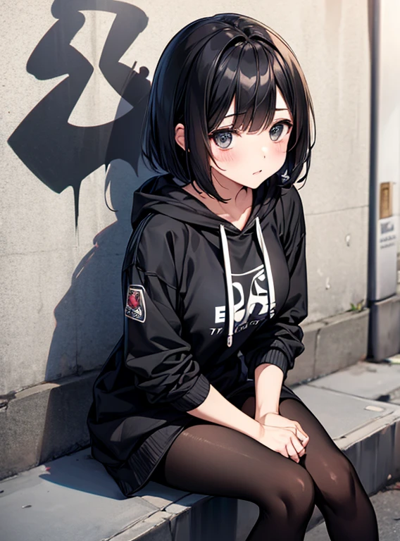 Cute Girls、black tights、Short Bob、Sit on the street、Showing her panties、Attractive breasts、See-through underwear、Put your hands in your pockets、Quiet、Inconspicuous、hoodie、graffiti、Bad security