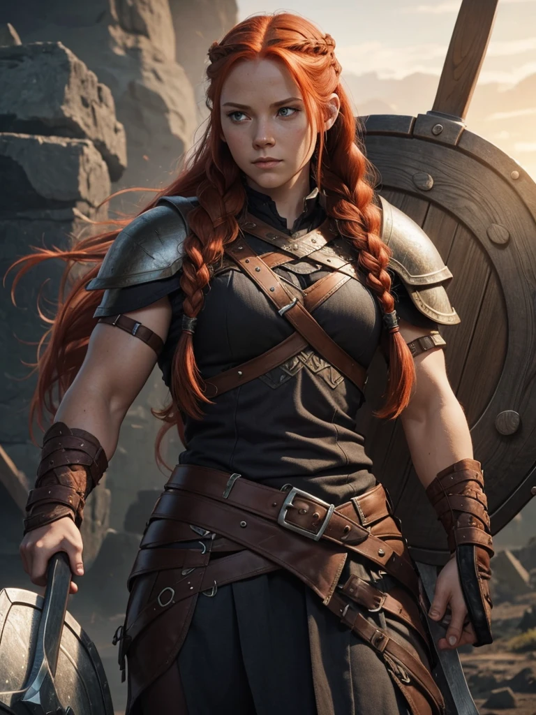1girl, long redhead, with braids, female viking, with shield, with axe, muscle body