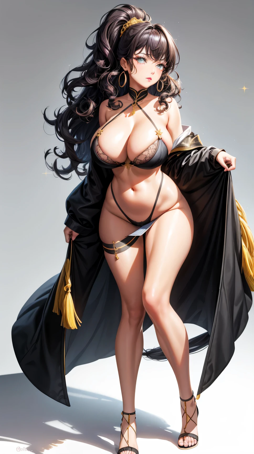 (best quality:1.5, highres, UHD, 4Kj, detailed lighting, shaders), black curly haired, gradient hair, large breasts, big black bra, black string, black socks, mature woman , (pov), white background, colorful eyeshadow, dramatic lighting, sparkling eyes, sensual expression, golden earrings, flowing hair, delicate facial features, yellow skin, high cheekbones, urban setting, white background, dont look the camera, full body, behind the camera