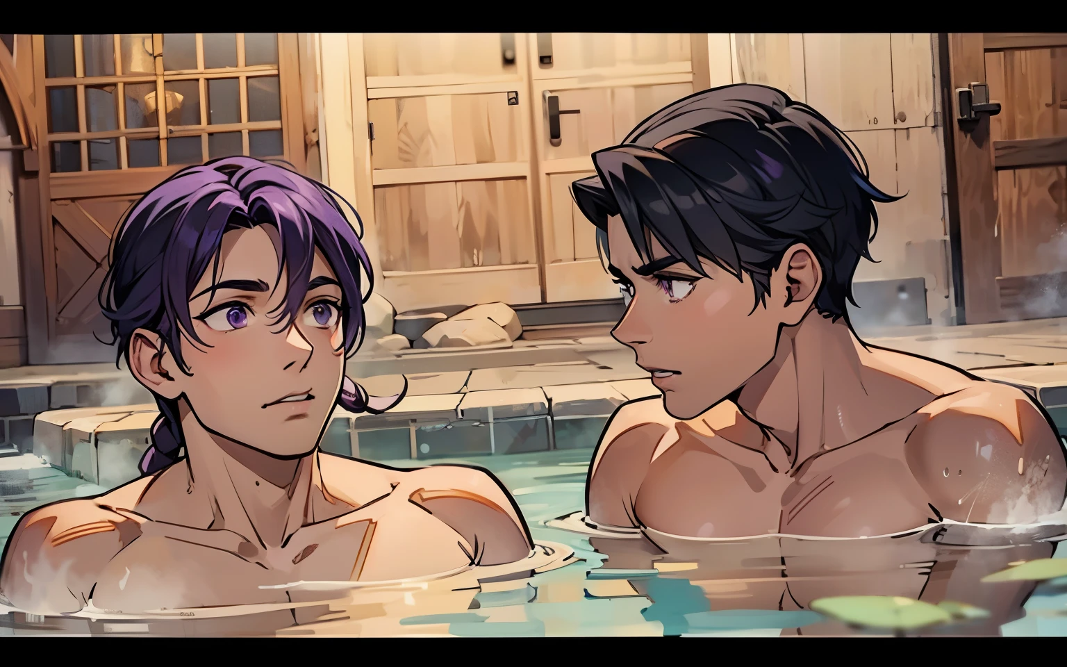 There are two men with barab, purple hair, purple eyes, they are 50 years old, they are planning something bad.