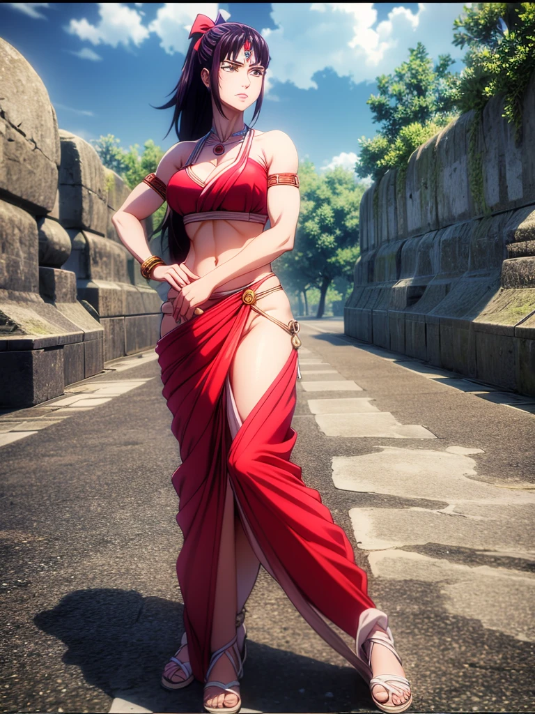 （8k, RAW photos, minino：1.1） ，female，（looki at viewer company），cowboy lens，Japanese，utahime  / (jujutsu kaisen\），（fullbody saree：1.1），La Brett Piercing，cleavage，((( saree)))，seductive smile，Be red on the face, full body photo, standing, lean, muscular legs, muscular belly, Iori, scar on face, long hair, brown eyes, hair bow, blurry, bangs, scar on cheek, purple hair, ponytail, breasts, medium breasts, (no bindi) Professional lighting、photon mapping、physics-based rendering、dark theme，wearing wifs, jewellery and necklace, alone, extreme high quality, legs covering saree, 