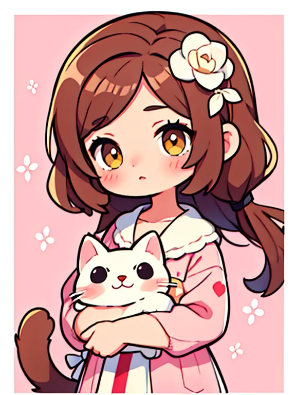 Cute cartoon girl with brown hair, vistiendo un lindo rosa con un lindo gato a su lado