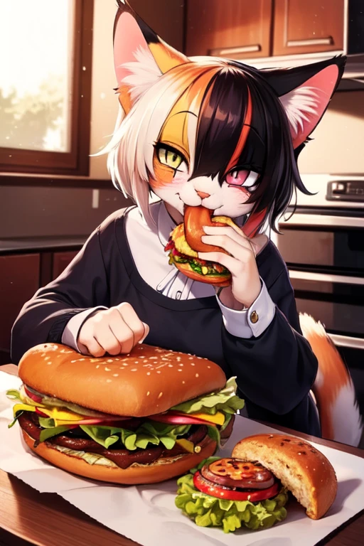 (Meisterwerk, best quality, HD:1.1), Calico cat girl eats fast food, Lidstrich, very severe bruising under the eyes, Sozial-Phobie, gelbe Augen, Haarnadel in Form eines Spiegeleis, mehrfarbiges Fell, happy face while eating, Legere Kleidung, Kitchen in the house