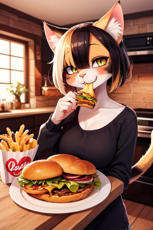 (Meisterwerk, best quality, HD:1.1), Calico cat girl eats fast food, Lidstrich, very severe bruising under the eyes, Sozial-Phobie, gelbe Augen, Haarnadel in Form eines Spiegeleis, mehrfarbiges Fell, happy face while eating, Legere Kleidung, Kitchen in the house