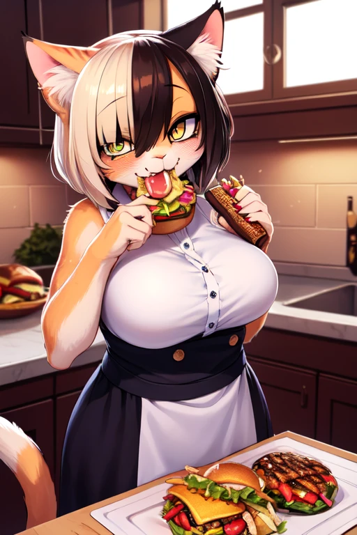 (Meisterwerk, best quality, HD:1.1), Calico cat girl eats fast food, Lidstrich, very severe bruising under the eyes, Sozial-Phobie, gelbe Augen, Haarnadel in Form eines Spiegeleis, mehrfarbiges Fell, happy face while eating, Legere Kleidung, Kitchen in the house