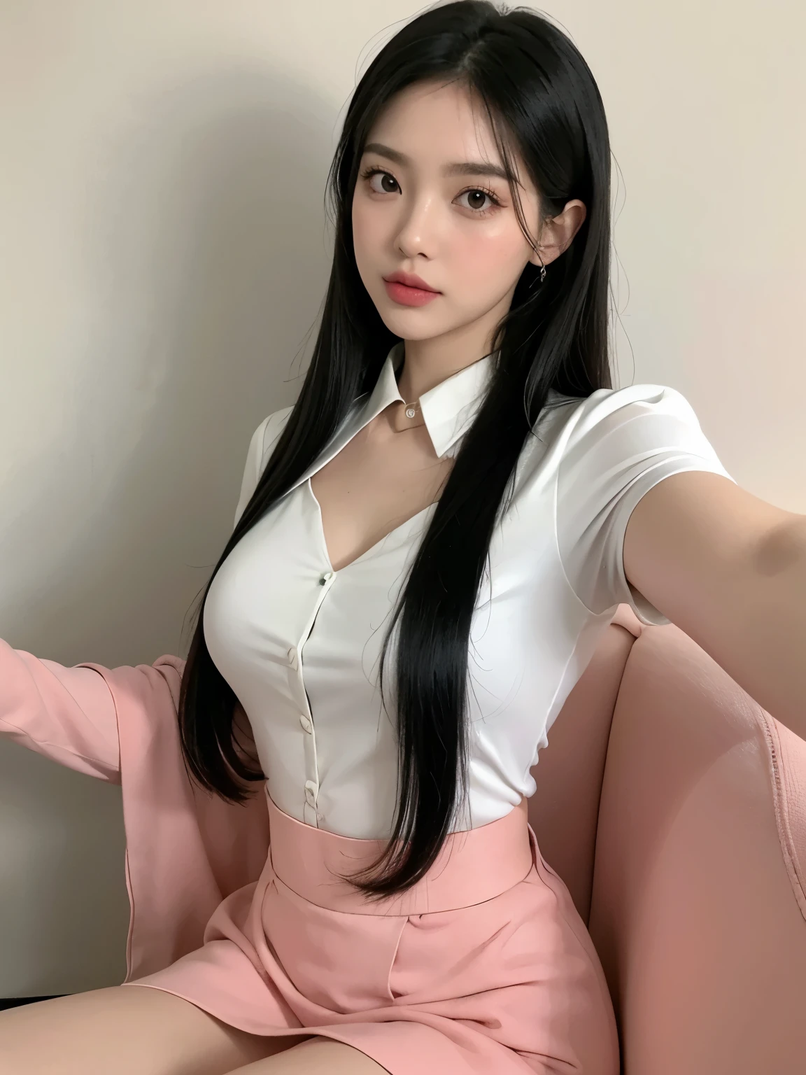 Kim jennie con el cabello negro oscuro, con rulos en las puntas del cabello negro oscuro, con un ganchito de estrella en el cabello negro oscuro, ojos de color claro, ojos bonitos, ojos llorosos, nariz bonita y respingada, labios bonitos, labios rosas, heart and cupid shaped lip, piel bonita, pale, piel blanca, con lunares y pecas en todo el rostro, rubor rosa suave en las mejilla, rubor rosa natural, maquillaje suave y rosa, jennie, cuellos bonito, cuello marcado, frown, mirada enojada, con un collar de beso, un collar bonito de beso, mientras tiene un traje de Yumeko Jabami, cospaly de Yumeko Jabami, mientras tiene una camisa blanca, con tiene un traje de color rojo encima de su camisa blanca, apretado a su cuerpo, con una falta negra corta mientras tiene el abdomen desnudo, delgado, marcado y bonito, (pechos grandes, pechos suaves, pechos bonitos, pechos naturales), mientras esta haciendo cospaly del personaje Yumeko Jabami, del anime Kakegurui, mirando a la camara, autofoto, selfie bonita