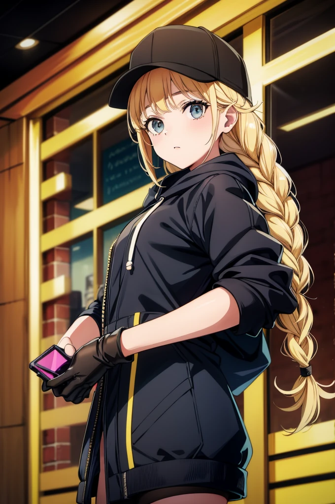 the blonde woman holds her phone and stands with her long hair on top of her head, 1girl, solo, braid, hat, long hair, blonde hair, baseball cap, twin braids, holding, jacket, black headwear, phone, gloves, holding phone, hood, looking at viewer, black gloves, selfie, cellphone, open jacket, bangs