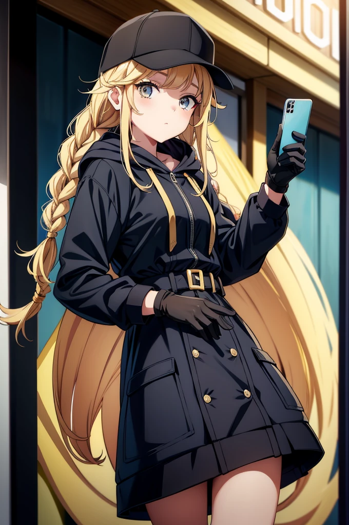 the blonde woman holds her phone and stands with her long hair on top of her head, 1girl, solo, braid, hat, long hair, blonde hair, baseball cap, twin braids, holding, jacket, black headwear, phone, gloves, holding phone, hood, looking at viewer, black gloves, selfie, cellphone, open jacket, bangs