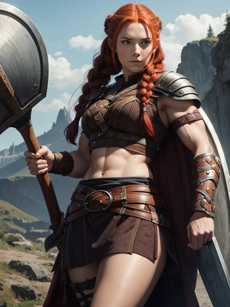 1girl, long redhead, with braids, female viking, with shield, with axe, muscle body