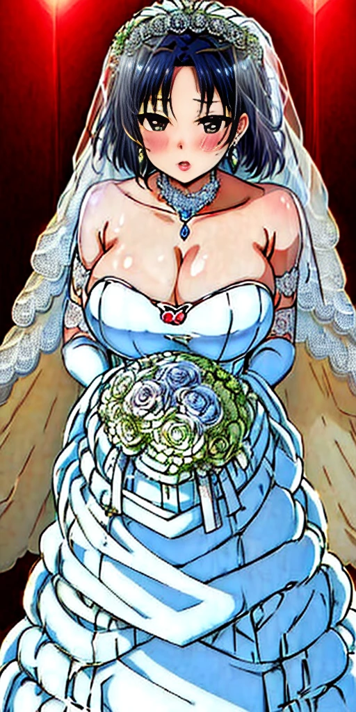 Close-up of beautiful bride wearing beautiful wedding dress, Gurwitz, (bridal veil:1.5), (Transparent short veil:1.5), Blushing face, head flower, headgear, (tube top wedding dress: 1.5), (Silk dress: 1.2) (Strapless wedding dress: 1.5) pure white dress, necklace, earrings, (large breasts:1.3), Deep V peach heart collar wedding dress, bangs, lipstick, (lace gloves: 1.3), whole body, high detail RAW color art, Long white dress, whole body, place your hands behind your back