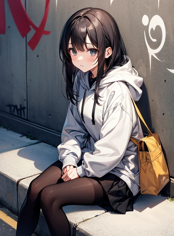Cute Girls、black tights、Short Bob、Sit on the street、Showing her panties、Attractive breasts、See-through underwear、Put your hands in your pockets、Quiet、Inconspicuous、hoodie、graffiti、Hold a cigarette、