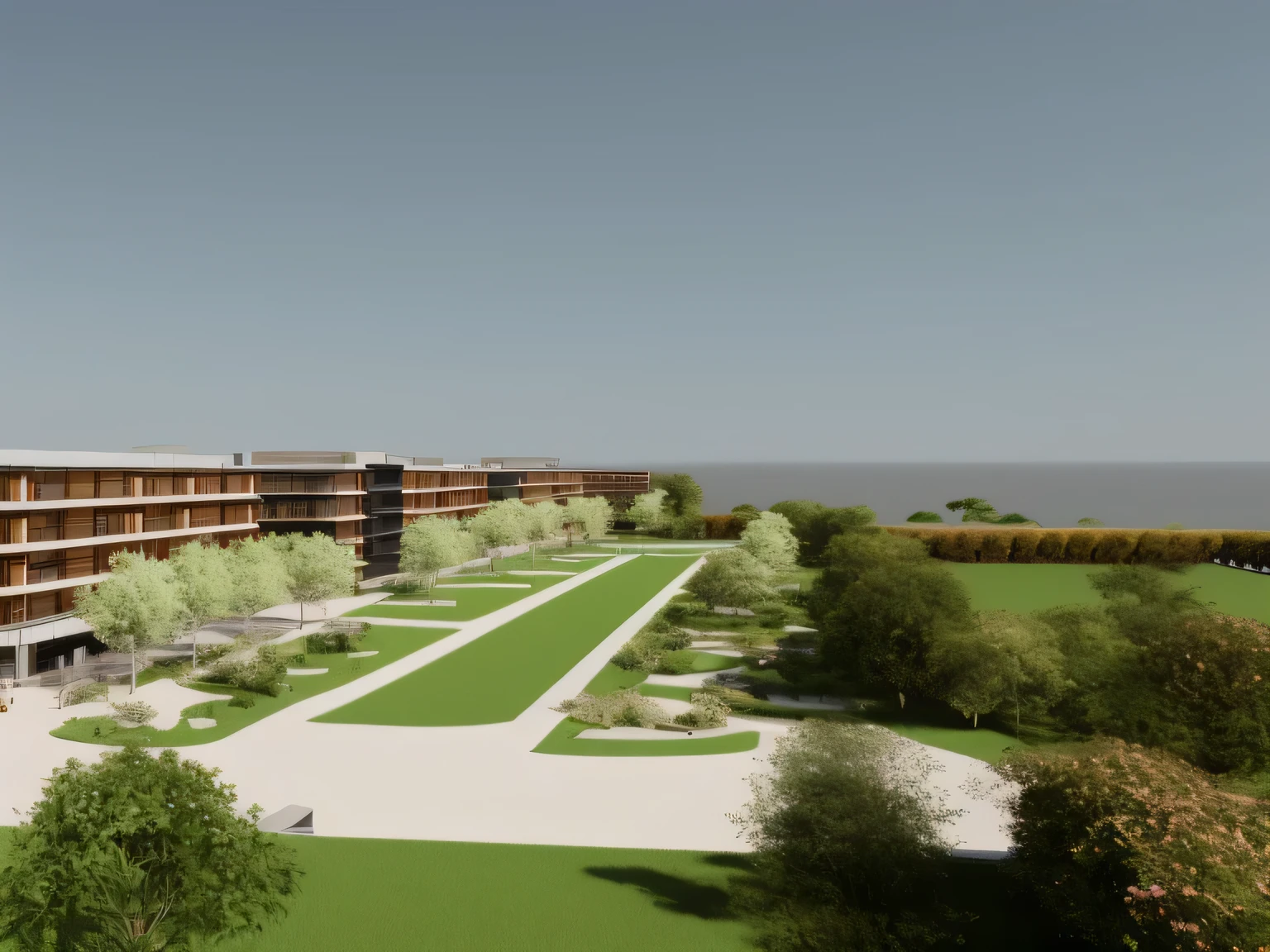 Rendering of a large building with a courtyard and a parking lot, art print, architectural rendering, architectural visualization, digital Rendering, tiro de estabelecimento amplo, paisagem, artist impression, luminous rendering, 3D rendering view, medical research facility, architectural rendering, Rendering, Artist printing, digital rendering, vue render, lumion Rendering, hq muito detalhado