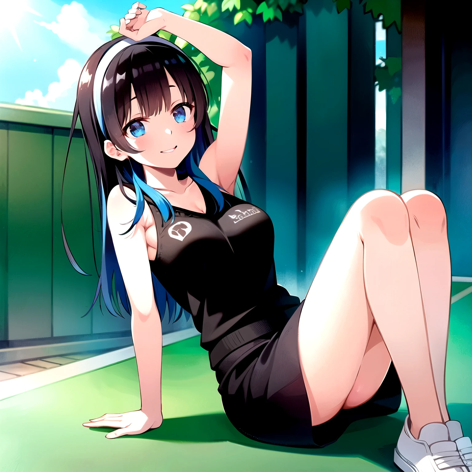 a matter of fact, daytime, sunlight, 1 girl, 8K resolution, blue hair, blue eyes, glowing eyes, white short skirt, Blush, tennis, sleeveless shirt, sunlight, Wet from the rain, seethrough, Sit with your knees raised., pussy, smile, the skirt is lifted up, highest quality, High resolution, highly detailed face, perfect lighting, Very detailed CG, (perfect hands, perfect anatomy), mini yaemori, perfect figure, in love expression, bottomless, armpit, 