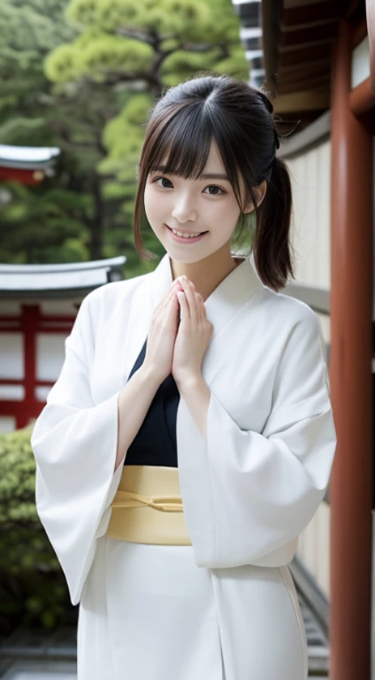 (She wore a white kimono and a long scarlet skirt.、Close-up of a girl with a slim figure, small breasts and long bangs:1.5)、(A girl with a small smile clasping her hands together in the precincts of a Japanese shrine:1.5)、(Beautiful blue sky :1.3)、(Perfect Anatomy:1.3)、(Full Finger:1.3)、(8k:1.3)、Photorealistic photography、Tabletop、highest quality、High resolution、Delicate and beautiful、Perfect Face、Beautiful fine details、Fair skin、Real human skin、((Thin legs))、(Black Hair)
