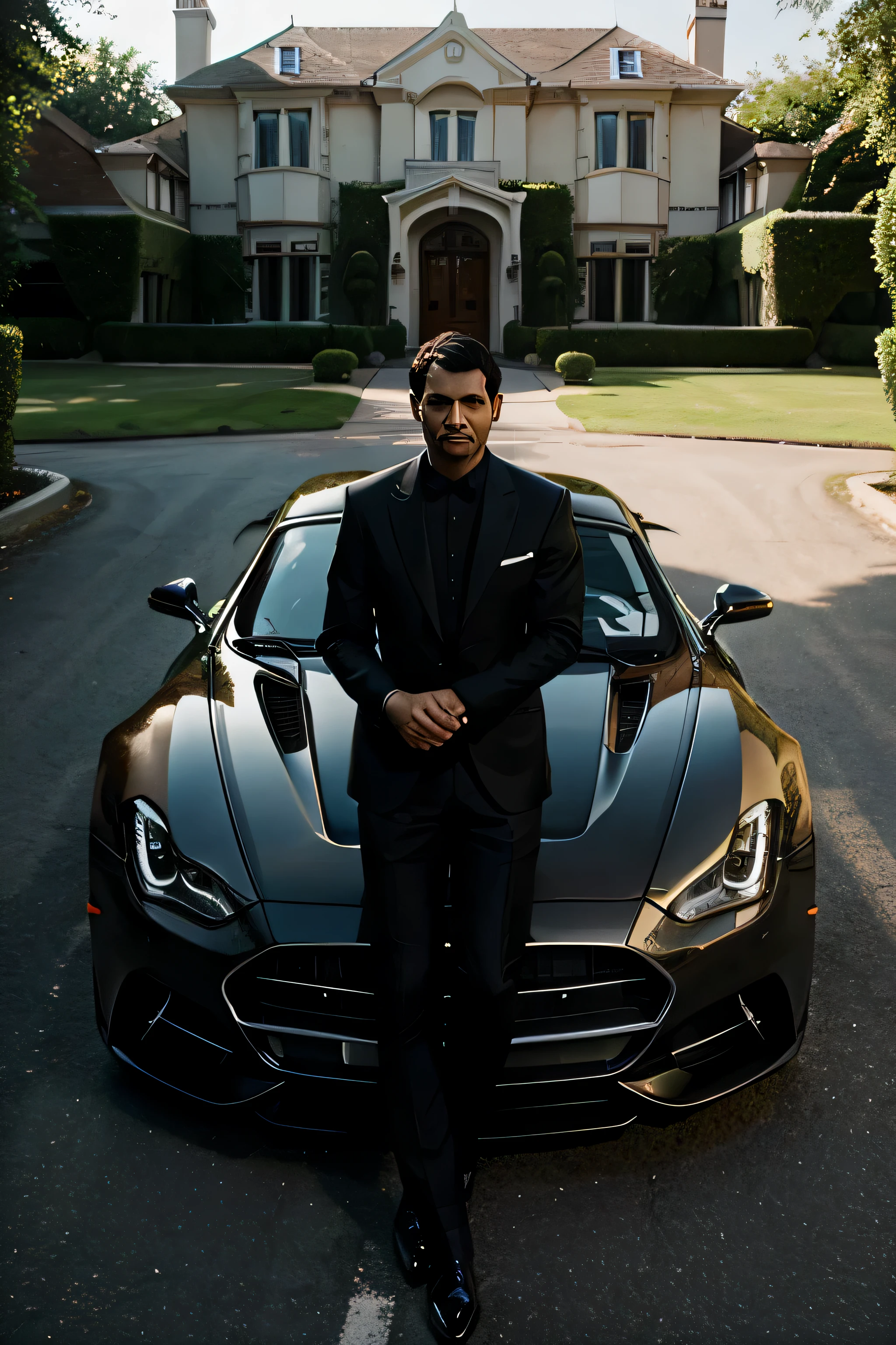 man in front of mansion with luxury cars
