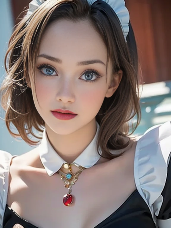 (best quality, 8k, photorealistic:1.5), (solo, one girl:1.5),(shine a bright light on women),(ultimate beautiful girl),(shiny skin),(oily skin),(blonde hair:1.3),(short hairstyle:1.3),(cool beauty),Blush brown makeup , dark eye makeup , use pink glossy lipstick,(big beady eyes girl:1.5),(droopy eyes girl:1.5),(blue eyes:1.5),(thin girl:1.5),(baby face girl:1.5),(sex appeal),(sweet smelling girl),(she works for low wages),(kind-hearted woman),(she has a nice smile),(woman with a happy look),(she is very sociable),(from a very poor family),(virgin girl),(She is a secret pervert.),(she covertly lewd),(she looks so erotic),chuuChloe,(woman with very soft breasts),(woman fantasizing about sex),(allurement),(impressive eyes:1.5),(clean girl),(affability),(cute smile),(good personality),(serious personality),(wants sex),(want to masturbate),(want to have sex forcibly),(insists on the chest),(nipples hard erect inside clothes),(relaxing time),(hair ornaments),(compassion),(impurity),(love filled),(get horny),(No love experience),(private room),(maid costume:1.5)
