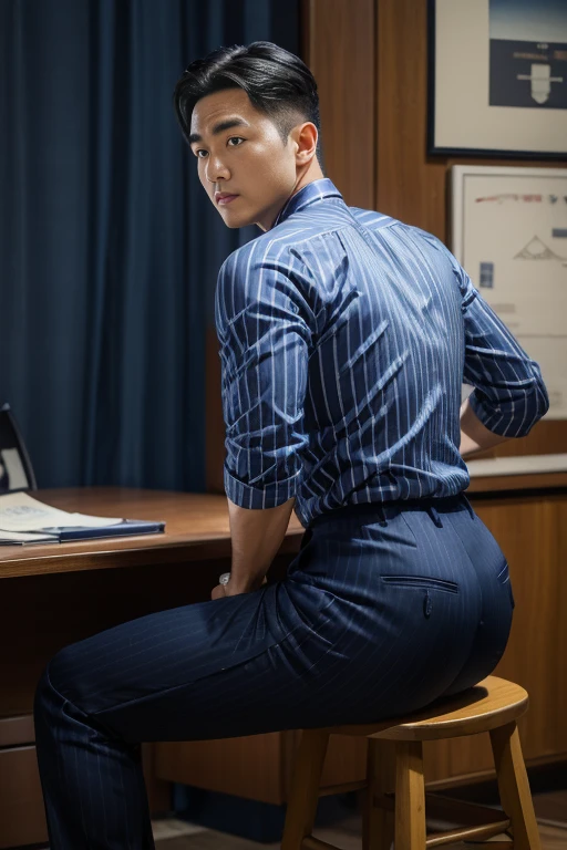 40-year-old boy ,Korean bulky male officer ,Wear navy blue police uniform shirt................ pinstripe navy blue smooth tight trouser, transparent pants obvious underwear print ,((unrealistic super big tight butt wearing pants)), legs wide open, legs on shoulder, missionary POV, men drooling ,8K,Cinematic lighting effects，Textured skin，best qualtiy