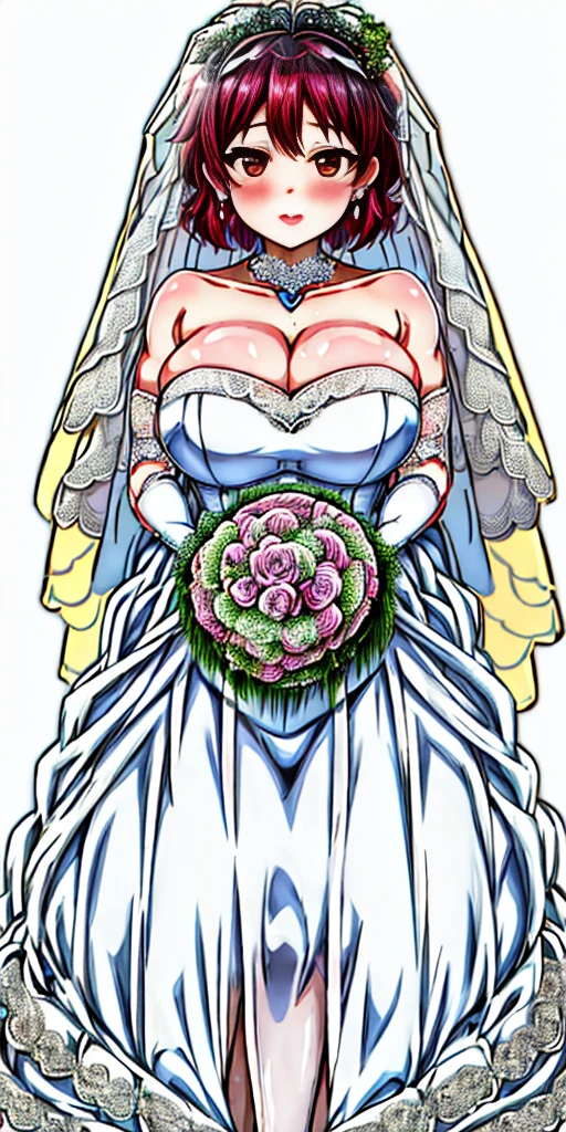Roxanne, Close-up of beautiful bride wearing beautiful wedding dress, Gurwitz, (bridal veil:1.5), (Transparent short veil:1.5), Blushing face, head flower, headgear, (tube top wedding dress: 1.5), (Silk dress: 1.2) (Strapless wedding dress: 1.5) pure white dress, necklace, earrings, (large breasts:1.3), Deep V peach heart collar wedding dress, bangs, lipstick, (lace gloves: 1.3), whole body, high detail RAW color art, Long white dress, whole body, place your hands behind your back