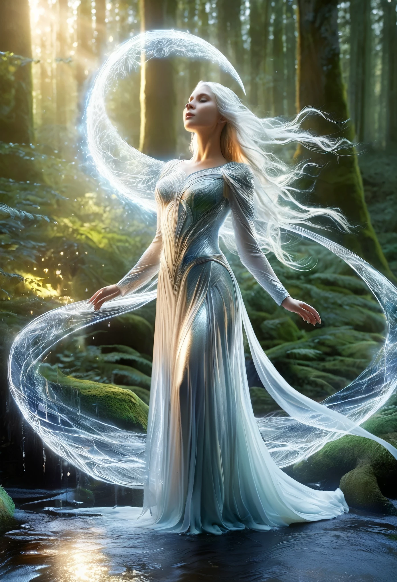 (best quality,4k,8k,highres,masterpiece:1.2), ultra-detailed, (realistic,photorealistic,photo-realistic:1.37), In the heart of an enchanted forest, bathed in the soft glow of moonlight filtering through the canopy above, stands a figure of ethereal beauty. She is an elven enchantress, her long silver hair cascading in shimmering waves around her slender form like strands of moonlight woven into silk. Her eyes, a mesmerizing blend of iridescent hues, shimmer with an otherworldly light, reflecting the myriad colors of the forest around her. They are windows to a soul as ancient as the trees themselves, filled with wisdom and mystery far beyond her tender years. Clad in robes of flowing white adorned with intricate patterns of silver thread, she moves with a grace that is both elegant and effortless. Each movement is a dance, a fluid motion that seems to ripple through the air like water flowing over smooth stones. As she raises her delicate hands to the sky, the air around her crackles with magical energy, the very essence of the forest responding to her call. Words of power spill from her lips like liquid silver, ancient incantations that echo through the stillness of the night with a haunting melody. With each word, tendrils of magical energy begin to swirl around her, weaving together in a shimmering vortex of light and shadow. Shapes begin to form within the swirling maelstrom, phantom creatures born of pure magic dancing to the rhythm of her voice. And as she reaches the climax of her incantation, her voice rises to a crescendo, filling the forest with a symphony of power and wonder. With a final flourish of her hands, she releases the spell, the magical energies coalescing into a radiant burst of light that illuminates the darkness like a thousand stars.(art by Amano Yoshitaka:1.3)