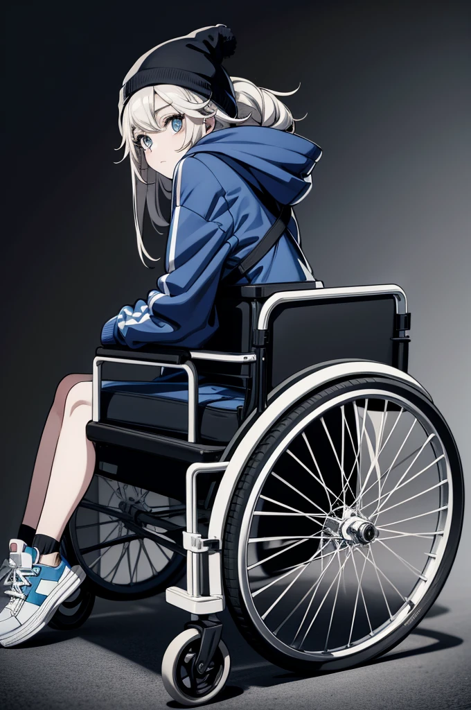 a pretty lady with a hoodie is looking at a man in a wheelchair, 1girl, solo, monochrome, greyscale, hat, ass, long hair, shoes, beanie, blue eyes, jacket, sneakers, looking back