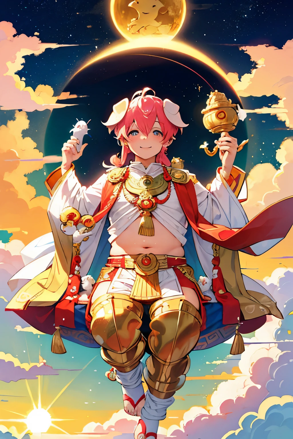 Anime image featuring Ganesha, the revered elephant-headed deity, floating gracefully in the sky. Surrounded by fluffy clouds, the sun casting a warm glow on his chubby figure. Ganesha, with his loveable smile, reaches out with one hand, showering gold coins in abundance. A playful bird hovers nearby, watching the scene unfold in this cute cartoon style