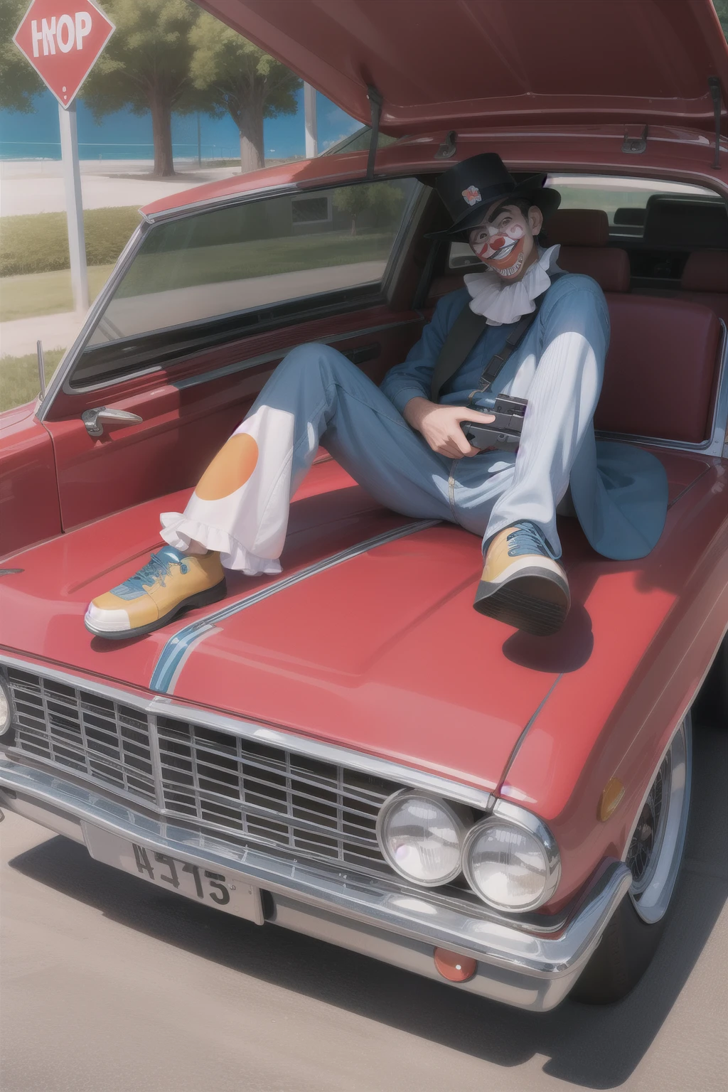 make a painting
funny clown carrying a gun
sitting in a lowrider car