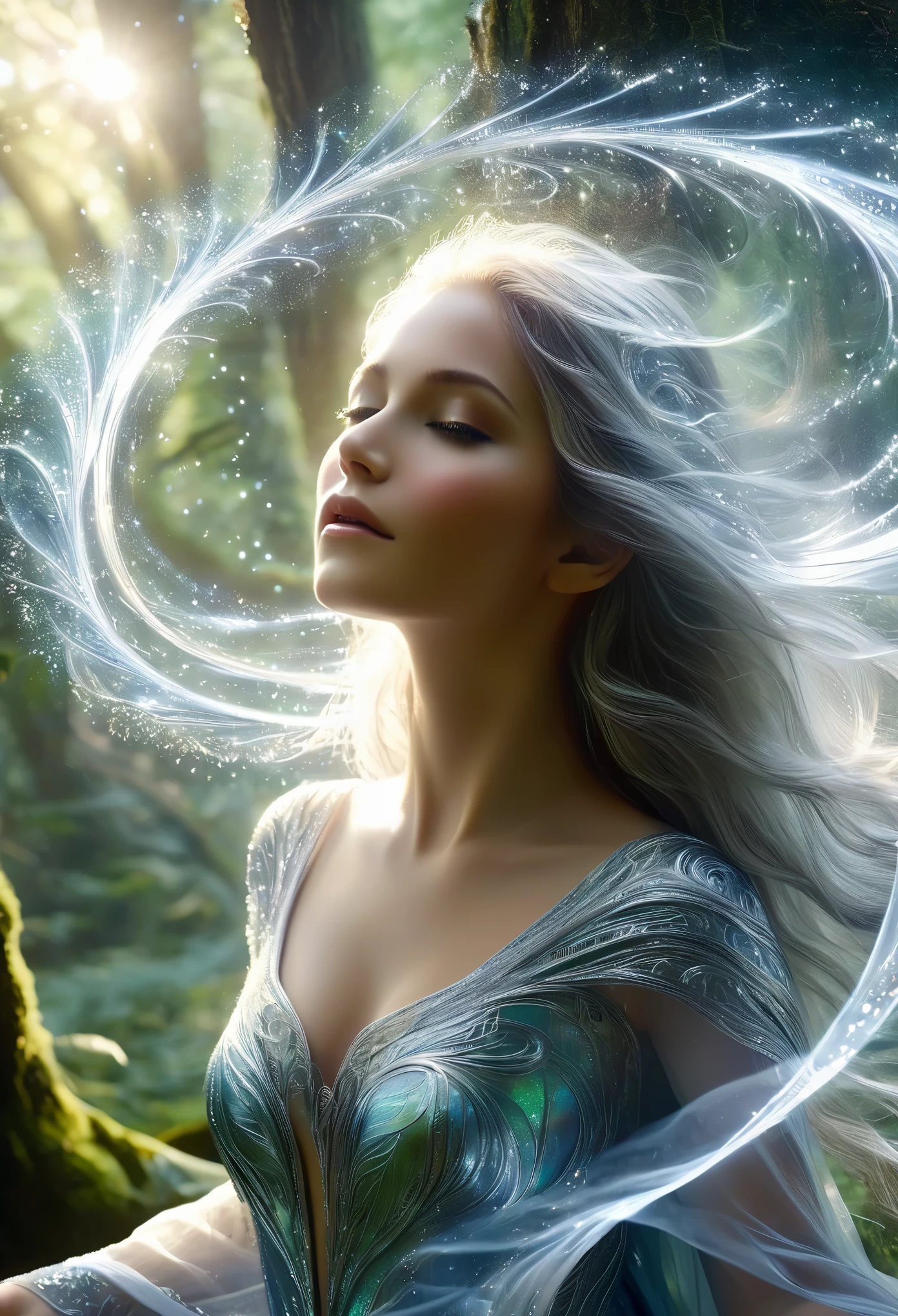 (best quality,4k,8k,highres,masterpiece:1.2), ultra-detailed, (realistic,photorealistic,photo-realistic:1.37), In the heart of an enchanted forest, bathed in the soft glow of moonlight filtering through the canopy above, stands a figure of ethereal beauty. She is an elven enchantress, her long silver hair cascading in shimmering waves around her slender form like strands of moonlight woven into silk. (Her eyes, a mesmerizing blend of iridescent hues, shimmer with an otherworldly light, reflecting the myriad colors of the forest around her:1.5). They are windows to a soul as ancient as the trees themselves, filled with wisdom and mystery far beyond her tender years. Clad in robes of flowing white adorned with intricate patterns of silver thread, she moves with a grace that is both elegant and effortless. Each movement is a dance, a fluid motion that seems to ripple through the air like water flowing over smooth stones. As she raises her delicate hands to the sky, the air around her crackles with magical energy, the very essence of the forest responding to her call. Words of power spill from her lips like liquid silver, ancient incantations that echo through the stillness of the night with a haunting melody. With each word, tendrils of magical energy begin to swirl around her, weaving together in a shimmering vortex of light and shadow. Shapes begin to form within the swirling maelstrom, phantom creatures born of pure magic dancing to the rhythm of her voice. And as she reaches the climax of her incantation, her voice rises to a crescendo, filling the forest with a symphony of power and wonder. With a final flourish of her hands, she releases the spell, the magical energies coalescing into a radiant burst of light that illuminates the darkness like a thousand stars.(art by Amano Yoshitaka:1.3)