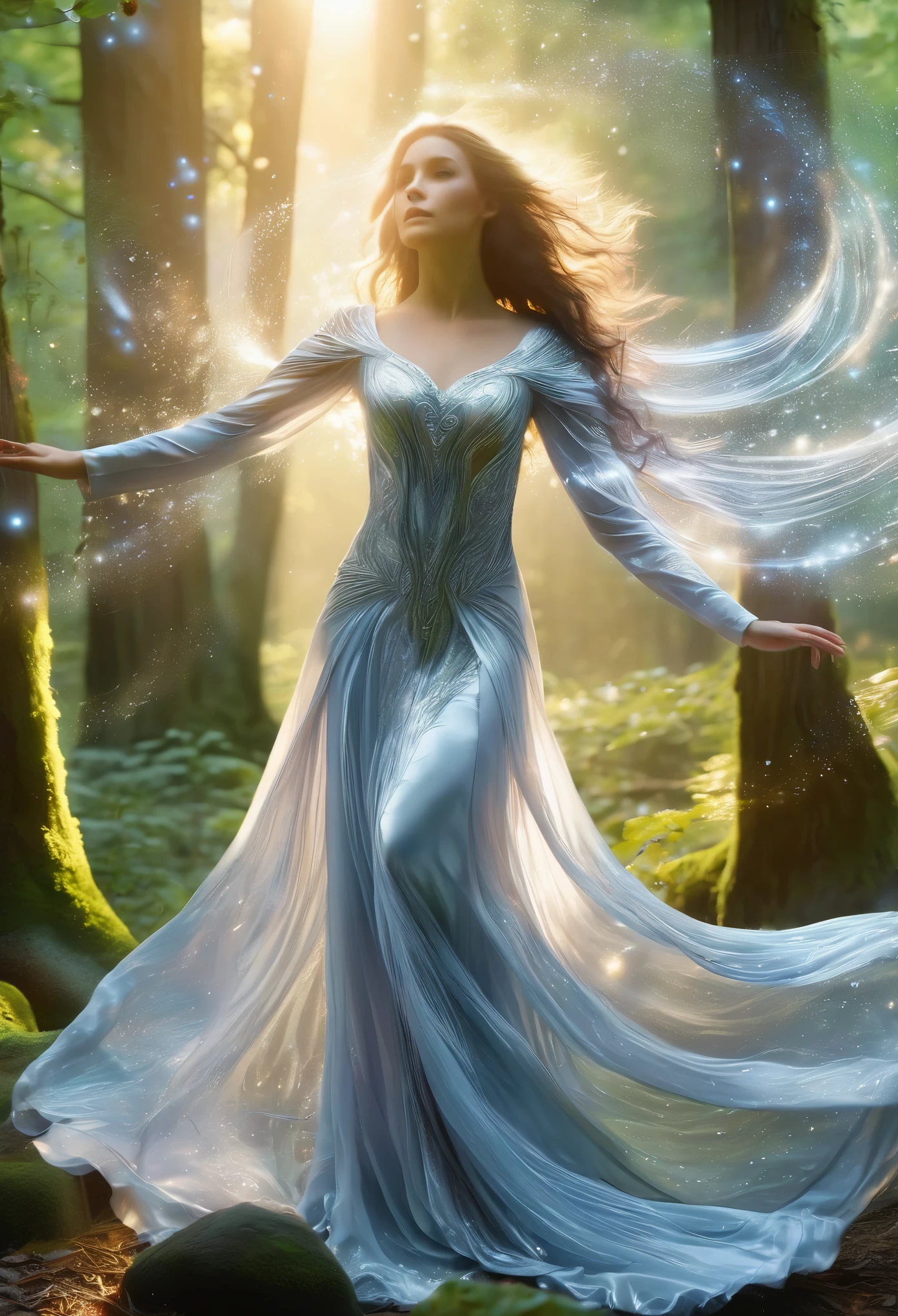 (best quality,4k,8k,highres,masterpiece:1.2), ultra-detailed, (realistic,photorealistic,photo-realistic:1.37), In the heart of an enchanted forest, bathed in the soft glow of moonlight filtering through the canopy above, stands a figure of ethereal beauty. She is an elven enchantress, her long silver hair cascading in shimmering waves around her slender form like strands of moonlight woven into silk. (Her eyes, a mesmerizing blend of iridescent hues, shimmer with an otherworldly light, reflecting the myriad colors of the forest around her:1.5). They are windows to a soul as ancient as the trees themselves, filled with wisdom and mystery far beyond her tender years. Clad in robes of flowing white adorned with intricate patterns of silver thread, she moves with a grace that is both elegant and effortless. Each movement is a dance, a fluid motion that seems to ripple through the air like water flowing over smooth stones. As she raises her delicate hands to the sky, the air around her crackles with magical energy, the very essence of the forest responding to her call. Words of power spill from her lips like liquid silver, ancient incantations that echo through the stillness of the night with a haunting melody. With each word, tendrils of magical energy begin to swirl around her, weaving together in a shimmering vortex of light and shadow. Shapes begin to form within the swirling maelstrom, phantom creatures born of pure magic dancing to the rhythm of her voice. And as she reaches the climax of her incantation, her voice rises to a crescendo, filling the forest with a symphony of power and wonder. With a final flourish of her hands, she releases the spell, the magical energies coalescing into a radiant burst of light that illuminates the darkness like a thousand stars.(art by Amano Yoshitaka:1.3)