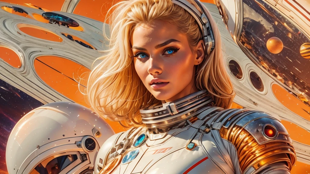 arafed image of a white woman in a futuristic suit with a spaceship in the background, movie art, in front of an orange background, inspired by Robert McGinnis, female protagonist, megastructure in the background, portrait of an ai astronaut, astronauts, an astronaut, portrait of a astronaut skeletor, perfect android girl, detailed eyes, perfectly detailed teeth, frank franzzeta and sakimichan
