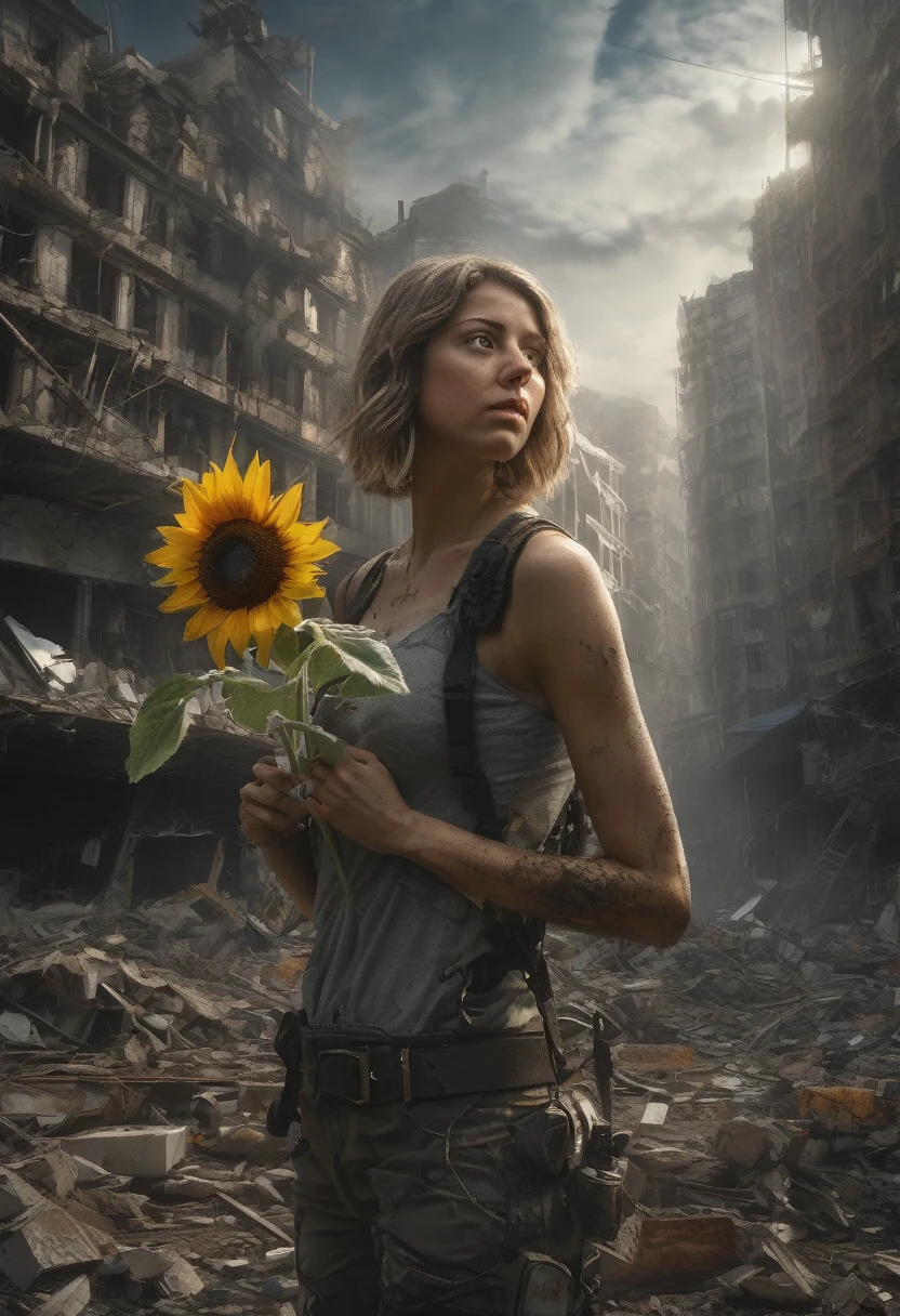 1girl, Post-Apocalyptic Wasteland, Giant sunflower growing from rubble, Scavengers digging through a post-apocalyptic city after the end of the world Epic cinematic brilliant stunning intricate meticulously detailed dramatic atmospheric maximalist digital matte painting volumetric lighting concept art