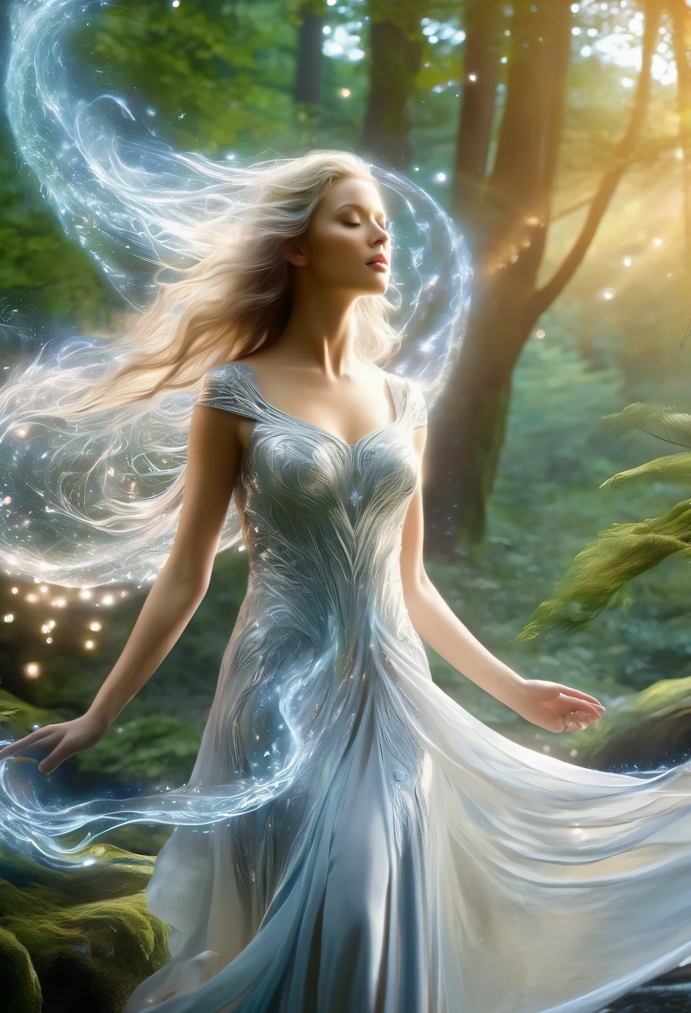 (best quality,4k,8k,highres,masterpiece:1.2), ultra-detailed, (realistic,photorealistic,photo-realistic:1.37), In the heart of an enchanted forest, bathed in the soft glow of moonlight filtering through the canopy above, stands a figure of ethereal beauty. She is an elven enchantress, her long silver hair cascading in shimmering waves around her slender form like strands of moonlight woven into silk. (Her eyes, a mesmerizing blend of iridescent hues, shimmer with an otherworldly light, reflecting the myriad colors of the forest around her:1.5). They are windows to a soul as ancient as the trees themselves, filled with wisdom and mystery far beyond her tender years. Clad in robes of flowing white adorned with intricate patterns of silver thread, she moves with a grace that is both elegant and effortless. Each movement is a dance, a fluid motion that seems to ripple through the air like water flowing over smooth stones. As she raises her delicate hands to the sky, the air around her crackles with magical energy, the very essence of the forest responding to her call. Words of power spill from her lips like liquid silver, ancient incantations that echo through the stillness of the night with a haunting melody. With each word, tendrils of magical energy begin to swirl around her, weaving together in a shimmering vortex of light and shadow. Shapes begin to form within the swirling maelstrom, phantom creatures born of pure magic dancing to the rhythm of her voice. And as she reaches the climax of her incantation, her voice rises to a crescendo, filling the forest with a symphony of power and wonder. With a final flourish of her hands, she releases the spell, the magical energies coalescing into a radiant burst of light that illuminates the darkness like a thousand stars.(art by Amano Yoshitaka:1.3)