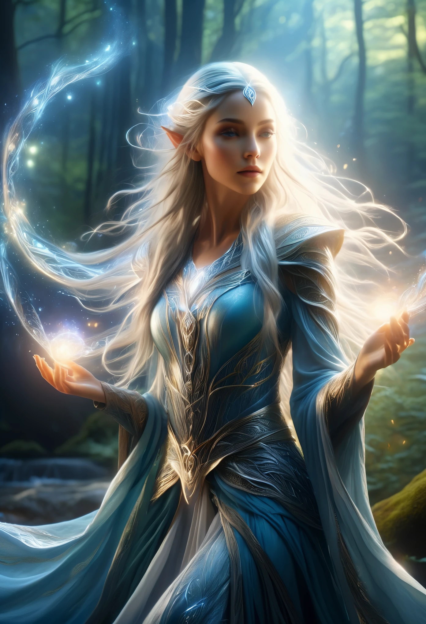 (best quality,4k,8k,highres,masterpiece:1.2), ultra-detailed, (realistic,photorealistic,photo-realistic:1.37), In the heart of an enchanted forest, bathed in the soft glow of moonlight filtering through the canopy above, stands a figure of ethereal beauty. She is an elven enchantress, her long silver hair cascading in shimmering waves around her slender form like strands of moonlight woven into silk. (Her eyes, a mesmerizing blend of iridescent hues, shimmer with an otherworldly light, reflecting the myriad colors of the forest around her:1.5). They are windows to a soul as ancient as the trees themselves, filled with wisdom and mystery far beyond her tender years. Clad in robes of flowing white adorned with intricate patterns of silver thread, she moves with a grace that is both elegant and effortless. Each movement is a dance, a fluid motion that seems to ripple through the air like water flowing over smooth stones. As she raises her delicate hands to the sky, the air around her crackles with magical energy, the very essence of the forest responding to her call. Words of power spill from her lips like liquid silver, ancient incantations that echo through the stillness of the night with a haunting melody. With each word, tendrils of magical energy begin to swirl around her, weaving together in a shimmering vortex of light and shadow. Shapes begin to form within the swirling maelstrom, phantom creatures born of pure magic dancing to the rhythm of her voice. And as she reaches the climax of her incantation, her voice rises to a crescendo, filling the forest with a symphony of power and wonder. With a final flourish of her hands, she releases the spell, the magical energies coalescing into a radiant burst of light that illuminates the darkness like a thousand stars.(art by Amano Yoshitaka:1.3)