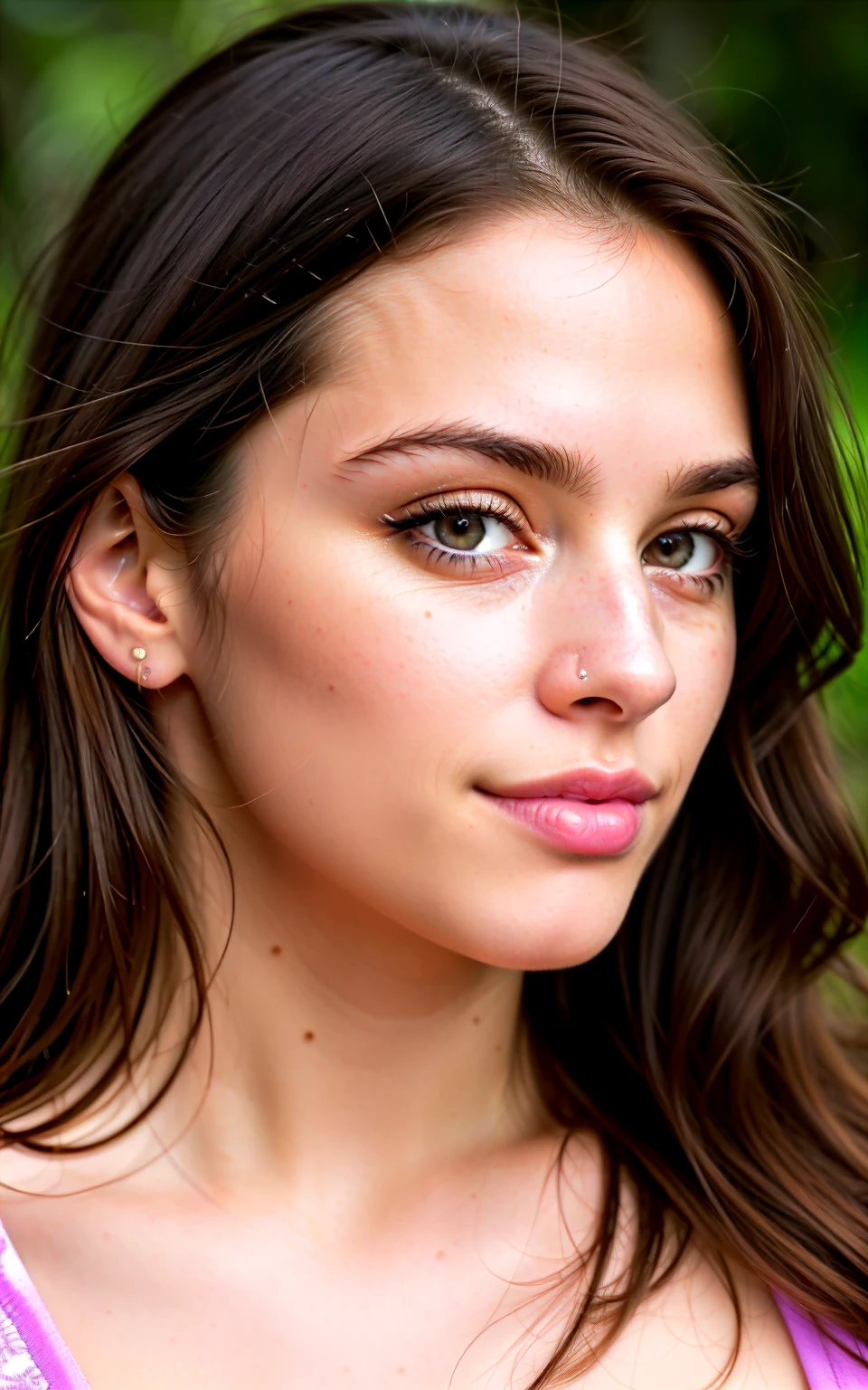 cute beautiful brunette ,full body, perfect angle, very detailed, 32 years old, flirty face, messy long hair, brown eyes, high-res, masterpiece, best quality,intricate details, highly detailed,sharp focus, detailed skin,realistic skin texture,texture, detailed eyes, professional, 4k, smile, shot on Canon, 85mm,shallow depth of field,kodak vision color, eyeshadow, extremely detailed, photo_\(ultra\), photorealistic, realistic, post-processing, max detail, roughness, real life, ultra realistic, photorealism, photography, 8k uhd, photography, braless, pokies