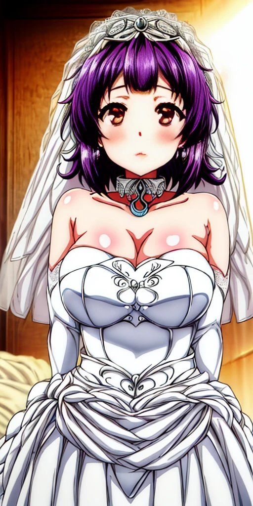 Sherry, Close-up of beautiful bride wearing beautiful wedding dress, Gurwitz, (bridal veil:1.5), (Transparent short veil:1.5), Blushing face, head flower, headgear, (tube top wedding dress: 1.5), (Silk dress: 1.2) (Strapless wedding dress: 1.5) pure white dress, necklace, earrings, (large breasts:1.3), Deep V peach heart collar wedding dress, bangs, lipstick, (lace gloves: 1.3), whole body, high detail RAW color art, Long white dress, whole body, place your hands behind your back