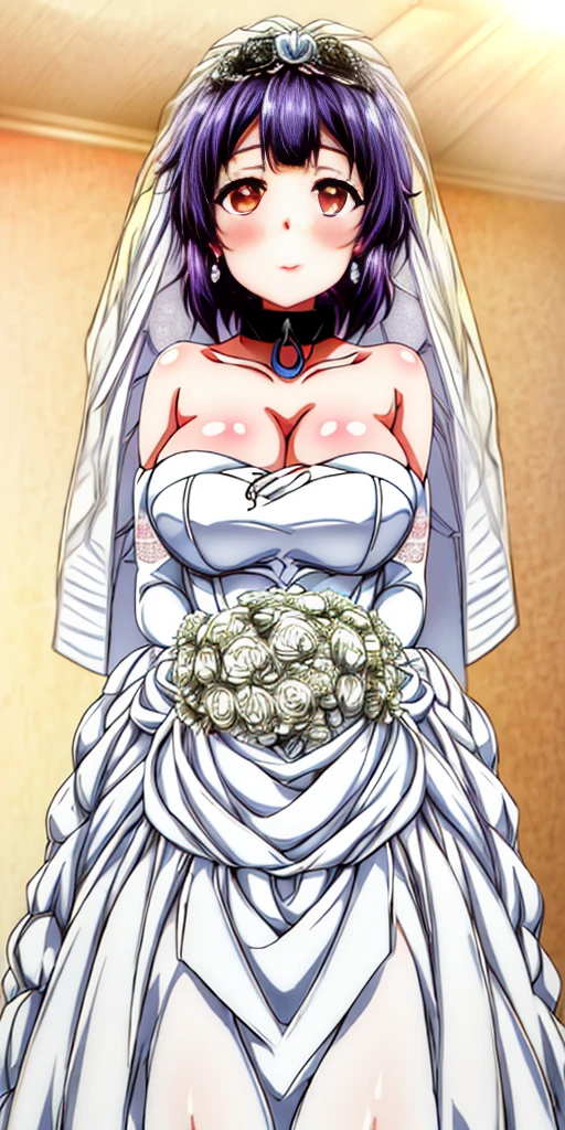 Close-up of beautiful bride wearing beautiful wedding dress, Gurwitz, (bridal veil:1.5), (Transparent short veil:1.5), Blushing face, head flower, headgear, (tube top wedding dress: 1.5), (Silk dress: 1.2) (Strapless wedding dress: 1.5) pure white dress, necklace, earrings, (large breasts:1.3), Deep V peach heart collar wedding dress, bangs, lipstick, (lace gloves: 1.3), whole body, high detail RAW color art, Long white dress, whole body, place your hands behind your back