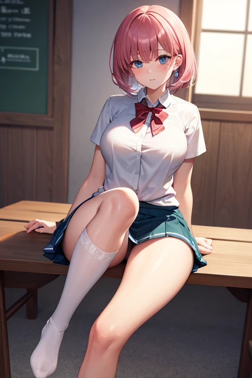 (masterpiece, top quality, best quality, official art, beautiful and aesthetic:1.2), (1girl),upper body, extreme detailed,(fractal art:1.3),colorful,highest detailed, ichikanakano, ichika nakano, short hair, bangs, blue eyes, hair between eyes, pink hair, BREAK skirt, shirt, , white shirt, short sleeves, pleated skirt, shoes, socks, collared shirt, bare foot, detailed feet, toes, feet, sweater, white socks, green skirt, loafers, clothes around waist, BREAK looking at viewer, BREAK indoors, classroom, pov from feet, (masterpiece:1.2), best quality, high resolution, unity 8k wallpaper, (illustration:0.8), (beautiful detailed eyes:1.6), extremely detailed face, perfect lighting, extremely detailed CG, (perfect hands, perfect anatomy),