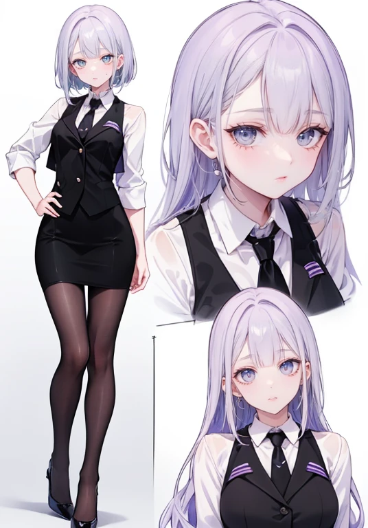 ((Perfect Face)),Purple Hair,Semi-long hair,1 female,bartender,,Black vest,tie,High heels,,((Simple light color background)),((smile)),((whole body)),((whole body)),Portraits,virtual,upright,