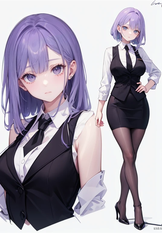 ((Perfect Face)),Purple Hair,Semi-long hair,1 female,bartender,,Black vest,tie,High heels,,((Simple light color background)),((smile)),((whole body)),((whole body)),Portraits,virtual,upright,