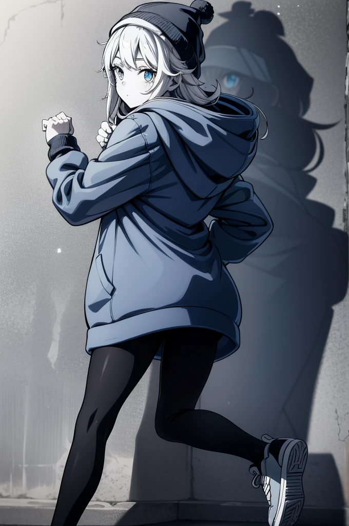 a person with a winter jacket on stands with her fists up in front of a wall, 1girl, monochrome, ass, greyscale, solo, hat, hood, beanie, pantyhose, blue eyes, hoodie, hands in pockets, hood down, looking at viewer, looking back, shoes