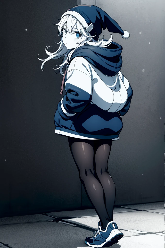 a person with a winter jacket on stands with her fists up in front of a wall, 1girl, monochrome, ass, greyscale, solo, hat, hood, beanie, pantyhose, blue eyes, hoodie, hands in pockets, hood down, looking at viewer, looking back, shoes