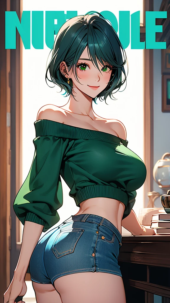 ((1girl)), mature woman, tamaki, green eyes, small eyes, green hair,  short cut hair, kindly smile, Fashion magazine cover, Big Breasts, denim booty shorts, ((White off-the-shoulder knit sweater))