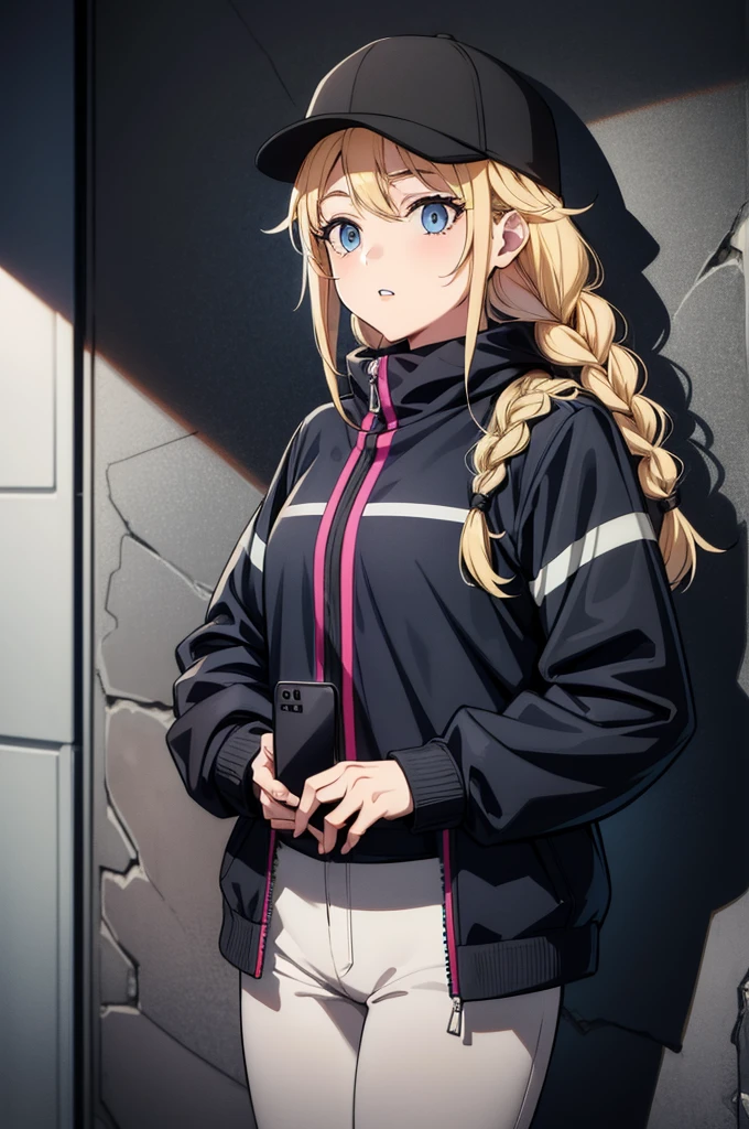 (((grayscale)))(masterpiece:1.2, best quality), (graffiti wall:1.15), 1lady, beanie, jacket, Leggings, blue eyes, fullbody,an attractive woman is posing to get a look at her phone, and a snake extends out of the wall behind it, 1girl, phone, hat, blonde hair, braid, solo, holding phone, cellphone, holding, jacket, baseball cap, twin braids, black headwear, blue eyes, multicolored jacket, looking at viewer, parted lips, long hair, smartphone, upper body
